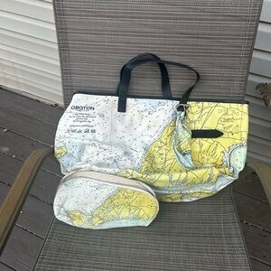 Oroton Cream and Yellow Map Tote ocean Martha’s Vineyard tote bag purse used